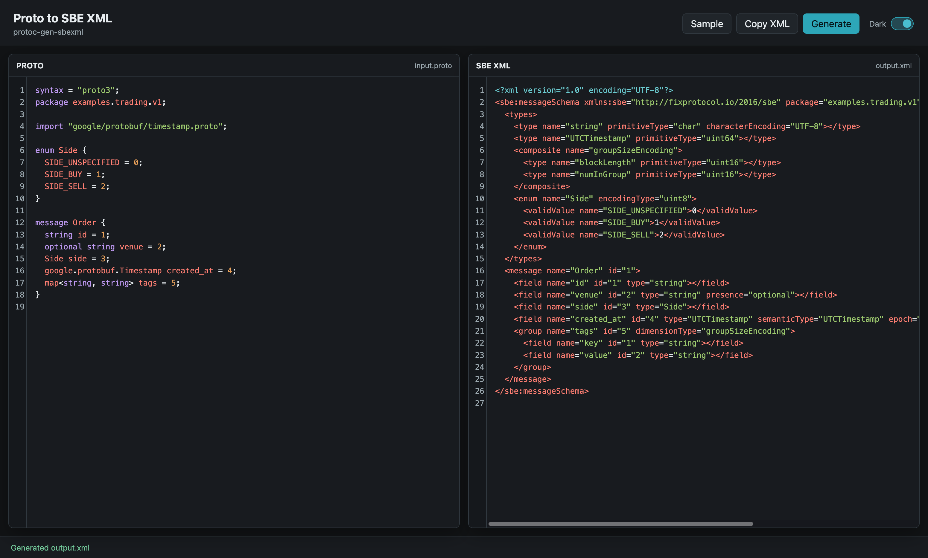 protoc-gensbe-xml screenshot